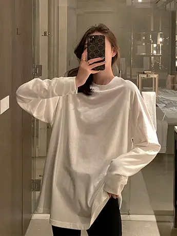 白色内搭打底衫女2023新款秋冬季加绒韩版宽松中长款长袖t恤上衣图片