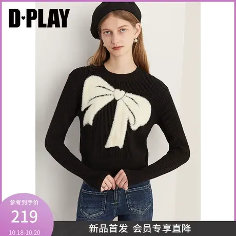 DPLAY2023冬在逃公主黑拼白撞色蝴蝶结提花加厚高腰针织套头毛衣商品大图