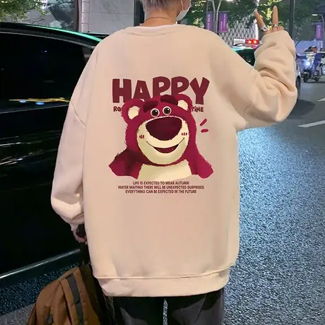 美式草莓熊加绒卫衣男秋冬季2023新款宽松圆领套头外套潮牌上衣服商品大图