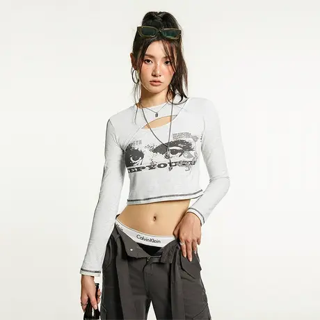 YEP美式复古长袖t恤女秋季新款设计感小众正肩修身短款bm辣妹上衣商品大图
