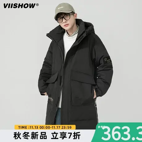 VIISHOW中长款羽绒服男冬款白鸭绒加厚保暖防寒连帽外套黑色上衣图片