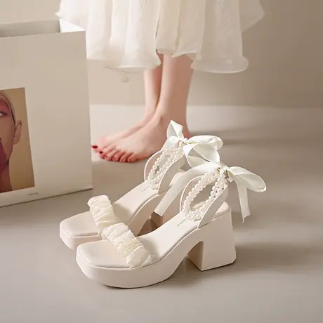 仙女风粗跟凉鞋女配裙2023新款时尚简约方头蝴蝶结法式绝美高跟鞋商品大图