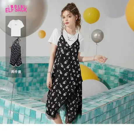 妖精的口袋【两件套】黑色吊带连衣裙女2023夏季新款修身露背裙装图片