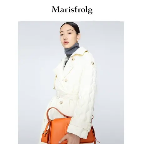 【小香外套羽绒服】玛丝菲尔冬白色长款翻领3D压花菱格风衣羽绒服图片