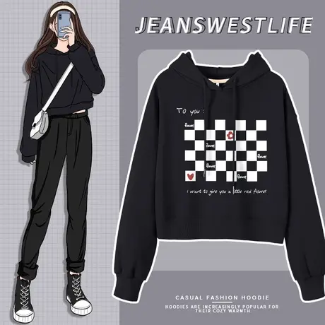 真维斯LIFE短款卫衣女2024新款爆款小个子港味复古甜辣风连帽外套商品大图