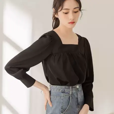 桔熊春秋季通勤纯色漂亮泡泡长袖厚雪纺衫方领上衣女大码AB16877商品大图