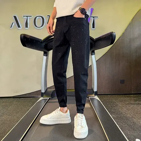 牛仔裤春秋季2023新款网红重工烫钻个性痞帅发型师修身小脚休闲裤商品大图