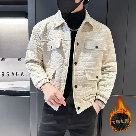 冬款个性暗纹菱格短款加厚工装棉衣机车夹克男ins高级感棉袄外套图片