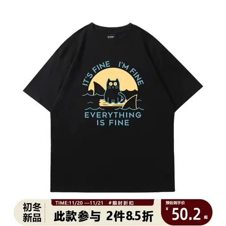 猫咪短袖T恤休闲运动欧美INS风小众设计情侣纯棉半袖潮流宽松体恤商品大图