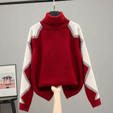 2023春装新款高领格子针织衫毛衣韩版宽松百搭上衣套头打底衫女士商品大图