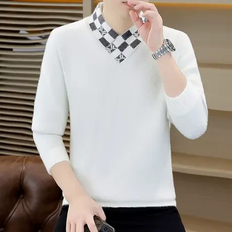 秋冬季毛衣男韩版小翻高领加厚保暖打底衫潮流V字港风加绒针织衫商品大图