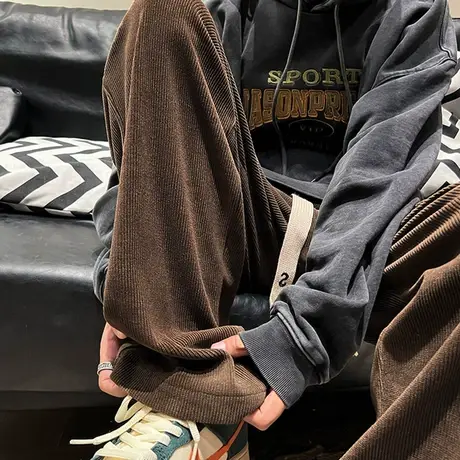 美式复古春秋季雪尼尔裤子男潮牌宽松拖地卫裤纯色休闲运动长裤男商品大图