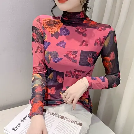 复古气质印花上衣女长袖网纱妈妈打底衫春秋显瘦修身半高领T恤ins商品大图
