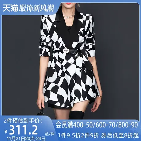 AUI欧货时尚黑白格子西装外套女2023春秋新款炸街设计感小众西服图片