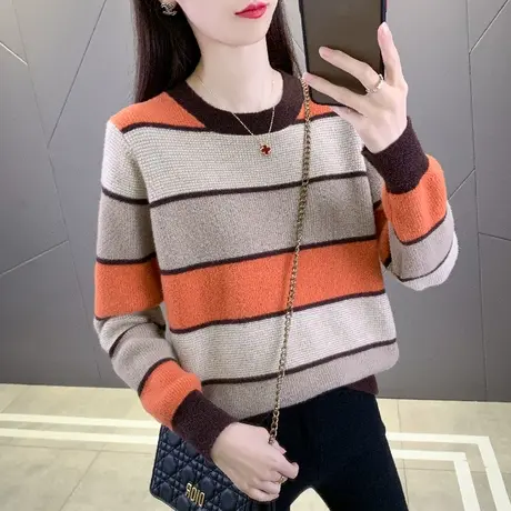 洋气减龄撞色条纹毛上衣女士秋冬款设计感小众保暖内搭打底针织衫商品大图