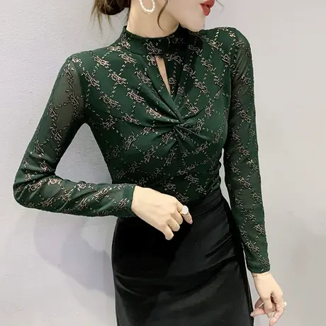 网纱打底衫女春装紧身内搭长袖T恤性感镂空蕾丝小衫洋气复古上衣商品大图