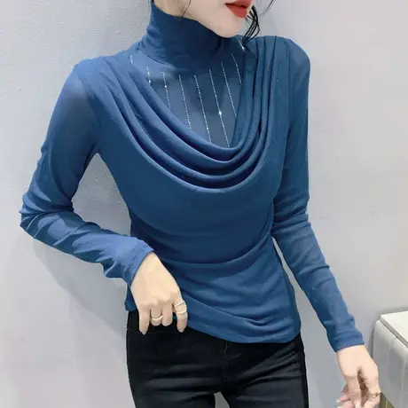 半高领打底衫女士春秋2024新款时尚烫钻网纱T恤漂亮别致显瘦上衣商品大图