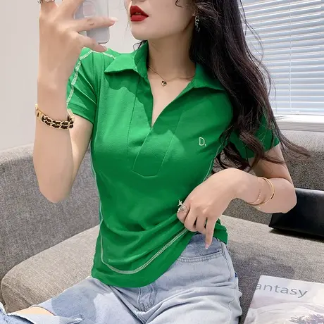 时尚POLO领上衣女短袖夏季欧货网红个性T恤ins百搭显瘦小衫修身潮图片
