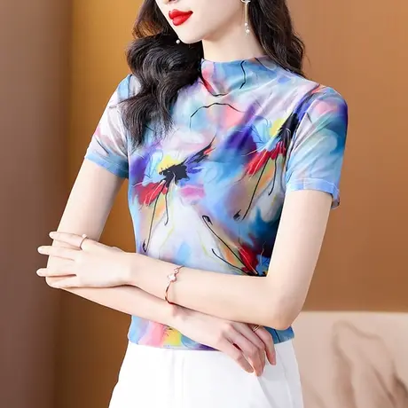 时尚立领网纱短袖T恤女2024夏季新款设计感拼色印花上衣减龄小衫商品大图