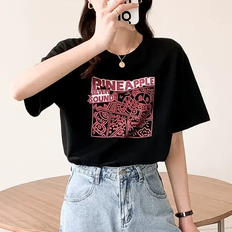 日系复古短袖t恤女装ins潮2023年夏季新款设计感宽松纯棉半袖上衣商品大图