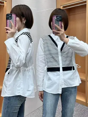 2023春秋新款条纹拼接衬衫女宽松休闲慵懒风长袖衬衣轻奢气质上衣商品大图