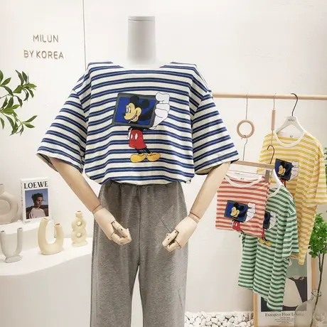 2022夏季新款韩国东大门短袖ins港味休闲卡通条纹T恤宽松大码显瘦商品大图