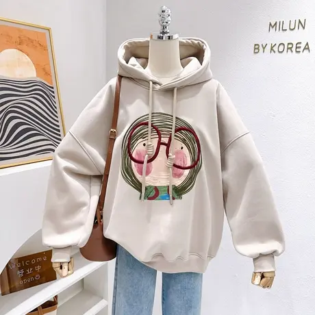 微胖遮肉上衣~2023秋冬新款刺绣涂鸦女孩加厚摇粒绒卫衣大码欧货图片