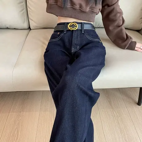 加厚加绒哈伦牛仔裤女冬季新款高腰宽松显瘦蓝色九分老爹裤萝卜裤商品大图