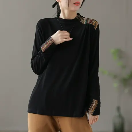 dza半高领薄绒长袖t恤女士秋冬新款内搭宽松上衣短款休闲打底衫女商品大图