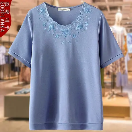 母亲节妈妈装夏季冰丝针织上衣大码宽松洋气刺绣中年蕾丝短袖T恤商品大图