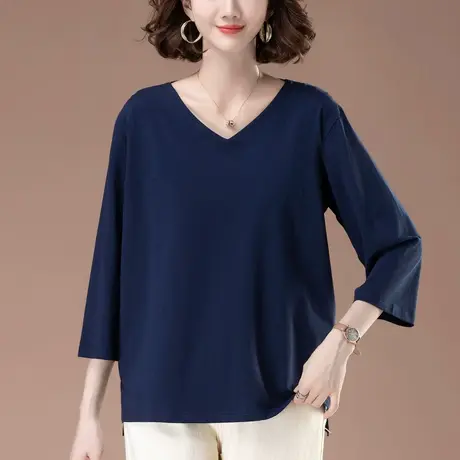 纯棉七分袖T恤女宽松加肥大码女装中年妈妈休闲v领遮肚显瘦打底衫图片