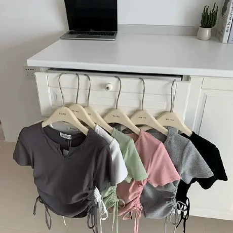 大码抽绳v领短袖不规则t恤女2025夏季新款设计感小众修身短款上衣商品大图