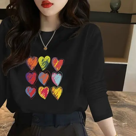 2022早秋新款宽松别致印花套头上衣小个子时尚内搭网红长袖T恤女图片