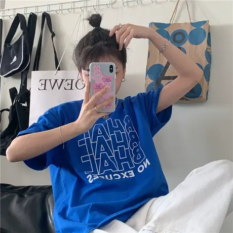 克莱因蓝~新款2023夏字母百搭宽松oversize纯棉圆领短袖T恤女ins图片