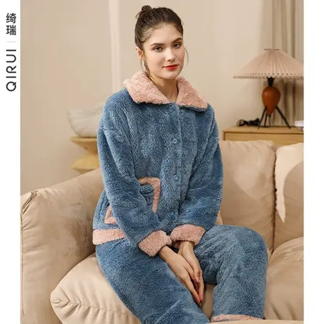 绮瑞珊瑚绒睡衣女冬季加厚甜美长袖开衫大码家居服秋冬可外穿套装图片