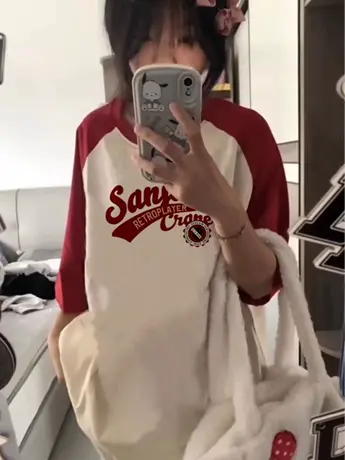 仿棉短袖t恤女2023夏季新款小众别致设计感撞色拼接宽松显瘦上衣商品大图