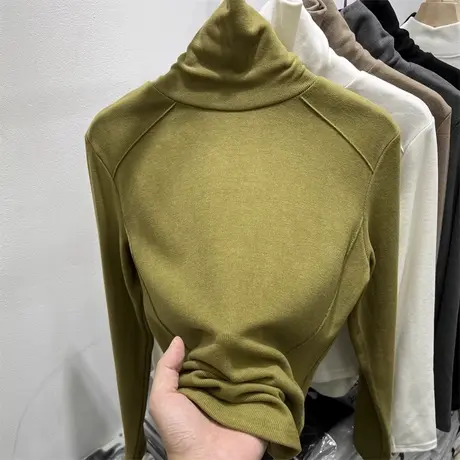 双面磨毛德绒堆堆领打底衫女秋冬季韩版修身显瘦加绒加厚长袖T恤商品大图