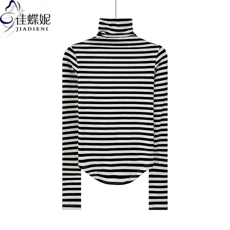 秋冬新款高领保暖修身显瘦纯欲圆弧纯棉条纹长袖体恤上衣女打底衫商品大图