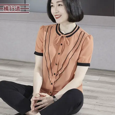 2025夏季新款简约气质圆领撞色蝴蝶结宽松短袖雪纺衫大码上衣服女商品大图