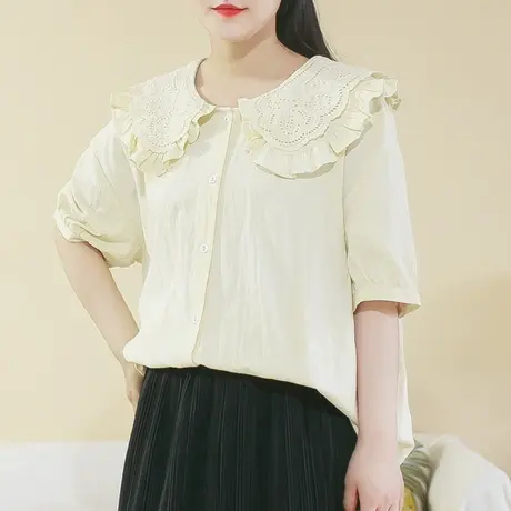 夏新品全棉双层绣花领短袖衬衫大码法式优雅宽松上衣商品大图