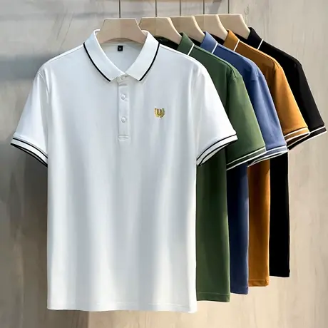 金丝麦穗透气珠地夏季男士条纹POLO衫商务休闲翻领保罗短袖男T恤商品大图