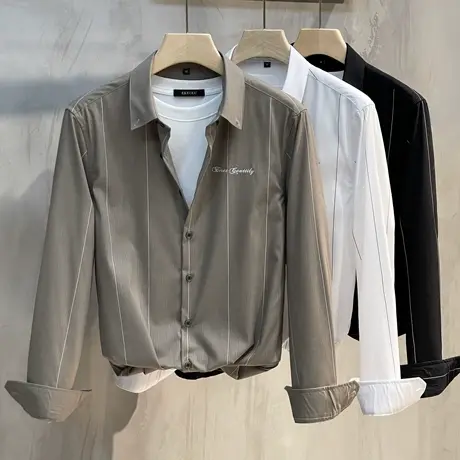 男士衬衫长袖夏季薄款刺绣商务正装高端休闲免烫衬衣2023新款潮流商品大图