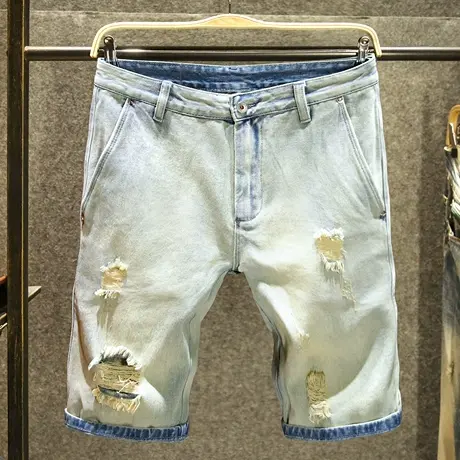 复古休闲牛仔短裤男款潮牌破洞刮烂五分裤潮流韩版宽松直筒中裤子商品大图