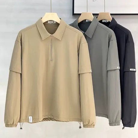 假两件春秋季纯色日系复古宽松套头夹克男冲锋衣工装连帽外套潮流图片