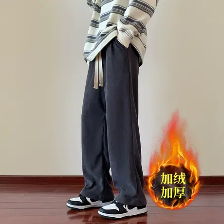 秋冬季新款灯芯绒加绒加厚休闲阔腿直筒裤子男士潮牌运动休闲裤子商品大图