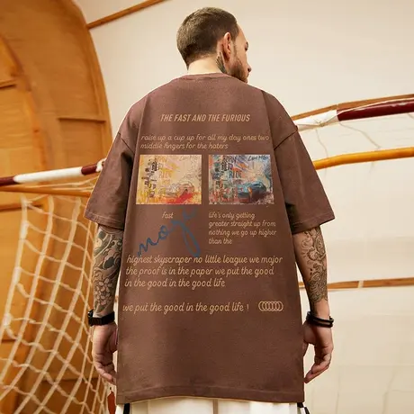 夏季2024新款大码纯棉t恤男美式复古潮流宽松咖啡色短袖胖子半袖商品大图