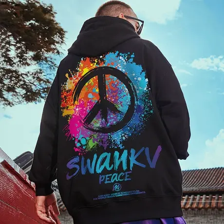 oversize秋冬款宽松反战大码连帽衫加绒加厚胖子男装潮流卫衣男潮图片