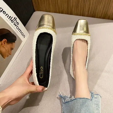 法式复古方头奶奶鞋女2024年春夏季新款时尚浅口工作拼色平底单鞋图片