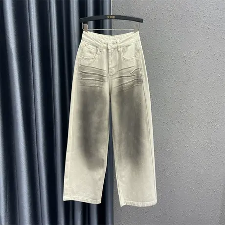欧货个性扎染直筒牛仔裤女24春季新款设计感高腰显瘦阔脚拖地长裤商品大图