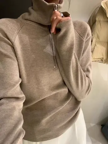 灰色半拉链翻领高领长袖毛衣针织衫女秋冬修身内搭打底衫羊毛上衣图片